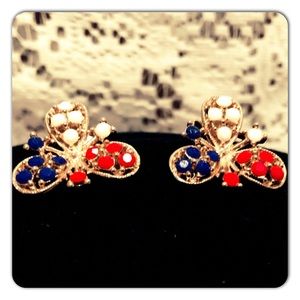 Vintage Red White Blue And Gold Clip On Earrings